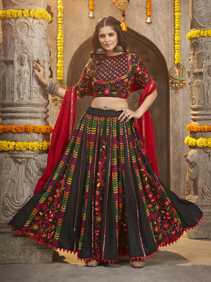 Myra Black Viscose Rayon and Cotton Embroidered with Print Designer Lehenga - Distacart