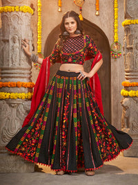 Thumbnail for Myra Black Viscose Rayon and Cotton Embroidered with Print Designer Lehenga - Distacart