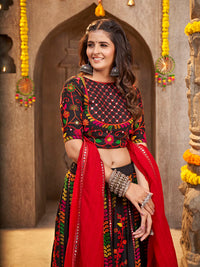 Thumbnail for Myra Black Viscose Rayon and Cotton Embroidered with Print Designer Lehenga - Distacart