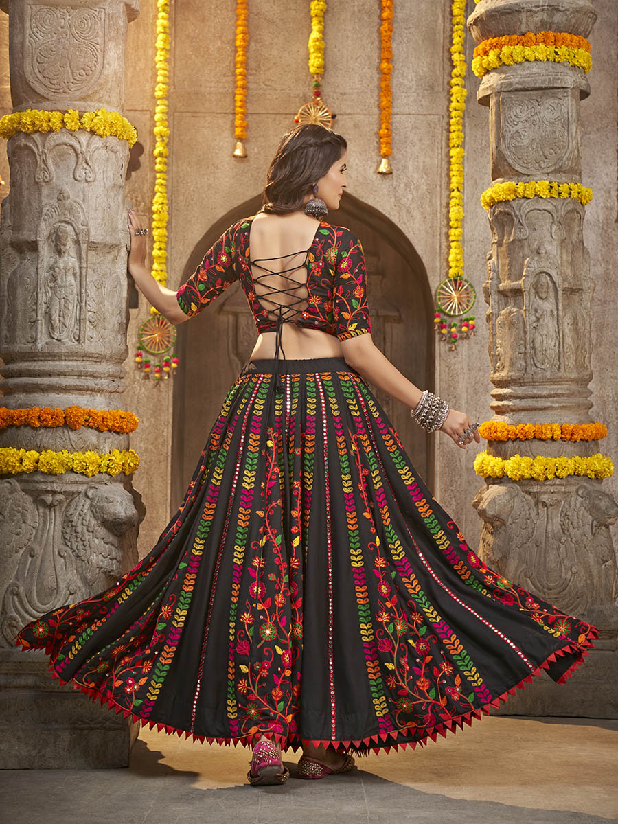Myra Black Viscose Rayon and Cotton Embroidered with Print Designer Lehenga - Distacart