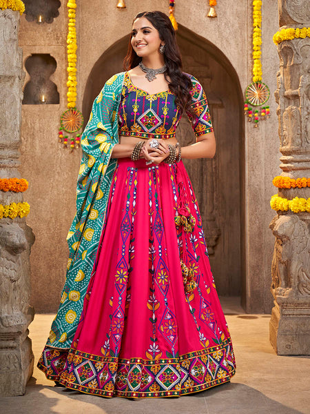 Myra Deep Pink Viscose Rayon and Cotton Embroidered with Print Designer Lehenga - Distacart