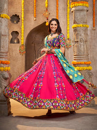 Thumbnail for Myra Deep Pink Viscose Rayon and Cotton Embroidered with Print Designer Lehenga - Distacart