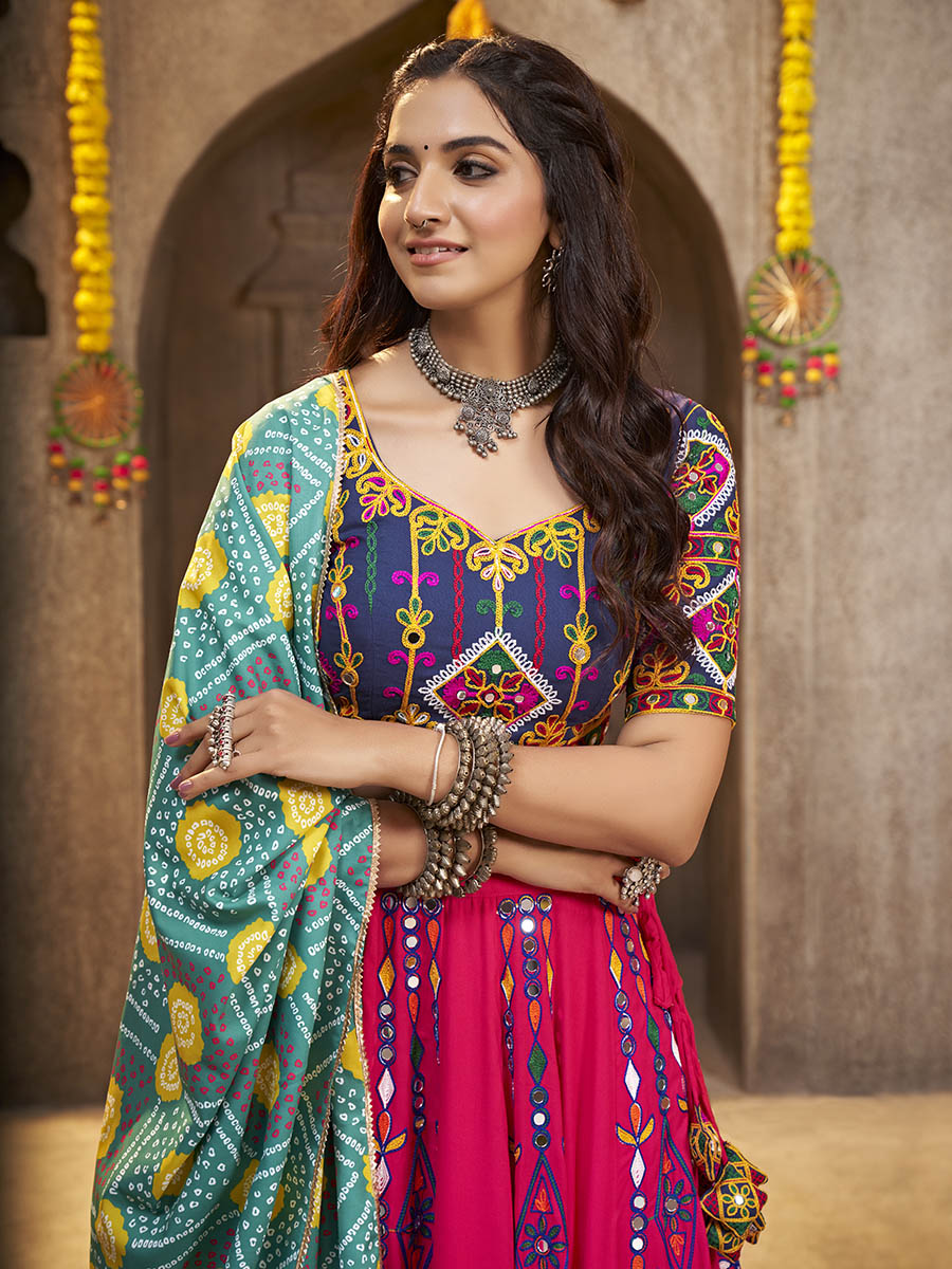 Myra Deep Pink Viscose Rayon and Cotton Embroidered with Print Designer Lehenga - Distacart