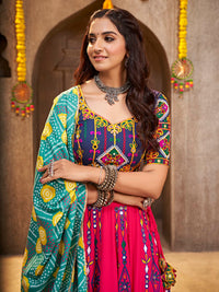 Thumbnail for Myra Deep Pink Viscose Rayon and Cotton Embroidered with Print Designer Lehenga - Distacart