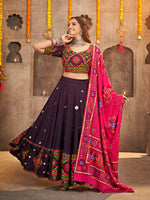 Thumbnail for Myra Purple Viscose Rayon and Cotton Embroidered with Print Designer Lehenga - Distacart