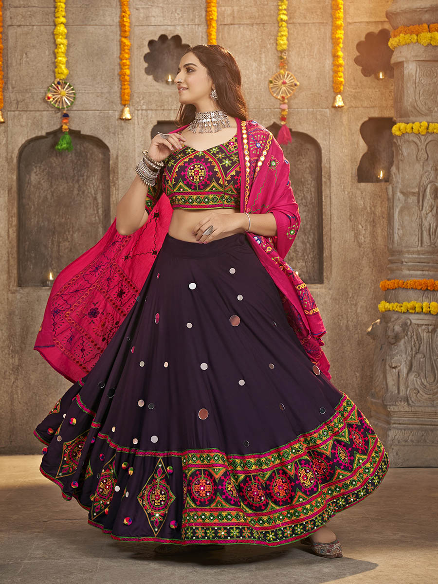 Myra Purple Viscose Rayon and Cotton Embroidered with Print Designer Lehenga - Distacart