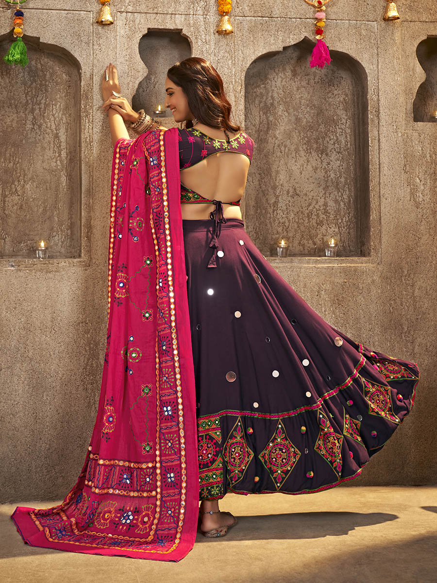 Myra Purple Viscose Rayon and Cotton Embroidered with Print Designer Lehenga - Distacart