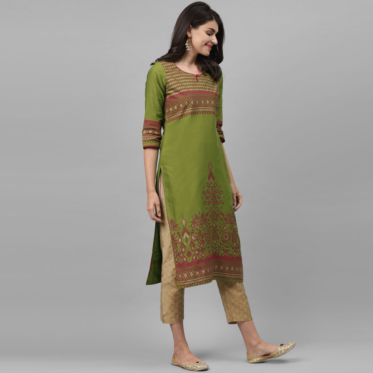 Maai Rayon Hand Printed Kurta Green - Distacart