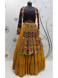 Thumbnail for Myra Mustard Yellow Koti Style Viscose Rayon Embroidered Designer Navratri Special Lehenga - Distacart
