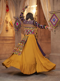 Thumbnail for Myra Mustard Yellow Koti Style Viscose Rayon Embroidered Designer Navratri Special Lehenga - Distacart