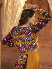Thumbnail for Myra Mustard Yellow Koti Style Viscose Rayon Embroidered Designer Navratri Special Lehenga - Distacart