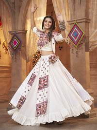 Thumbnail for Myra White Koti Style Viscose Rayon Embroidered Designer Navratri Special Lehenga - Distacart