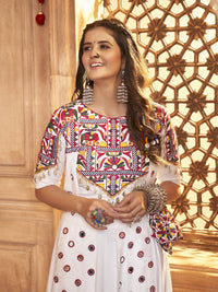 Thumbnail for Myra White Koti Style Viscose Rayon Embroidered Designer Navratri Special Lehenga - Distacart
