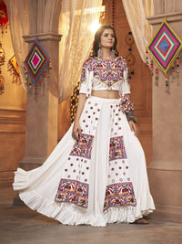 Thumbnail for Myra White Koti Style Viscose Rayon Embroidered Designer Navratri Special Lehenga - Distacart