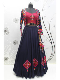 Thumbnail for Myra Navy Blue Koti Style Viscose Rayon Embroidered Designer Navratri Special Lehenga - Distacart