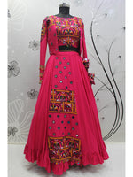 Thumbnail for Myra Rani and Pink Koti Style Viscose Rayon Embroidered Designer Navratri Special Lehenga - Distacart