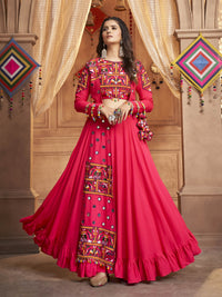 Thumbnail for Myra Rani and Pink Koti Style Viscose Rayon Embroidered Designer Navratri Special Lehenga - Distacart