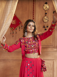 Thumbnail for Myra Rani and Pink Koti Style Viscose Rayon Embroidered Designer Navratri Special Lehenga - Distacart