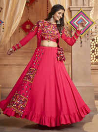 Thumbnail for Myra Rani and Pink Koti Style Viscose Rayon Embroidered Designer Navratri Special Lehenga - Distacart