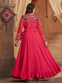 Thumbnail for Myra Rani and Pink Koti Style Viscose Rayon Embroidered Designer Navratri Special Lehenga - Distacart