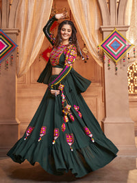Thumbnail for Myra Green Koti Style Viscose Rayon Embroidered Designer Navratri Special Lehenga - Distacart