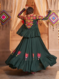 Thumbnail for Myra Green Koti Style Viscose Rayon Embroidered Designer Navratri Special Lehenga - Distacart