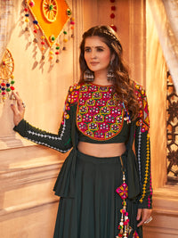 Thumbnail for Myra Green Koti Style Viscose Rayon Embroidered Designer Navratri Special Lehenga - Distacart