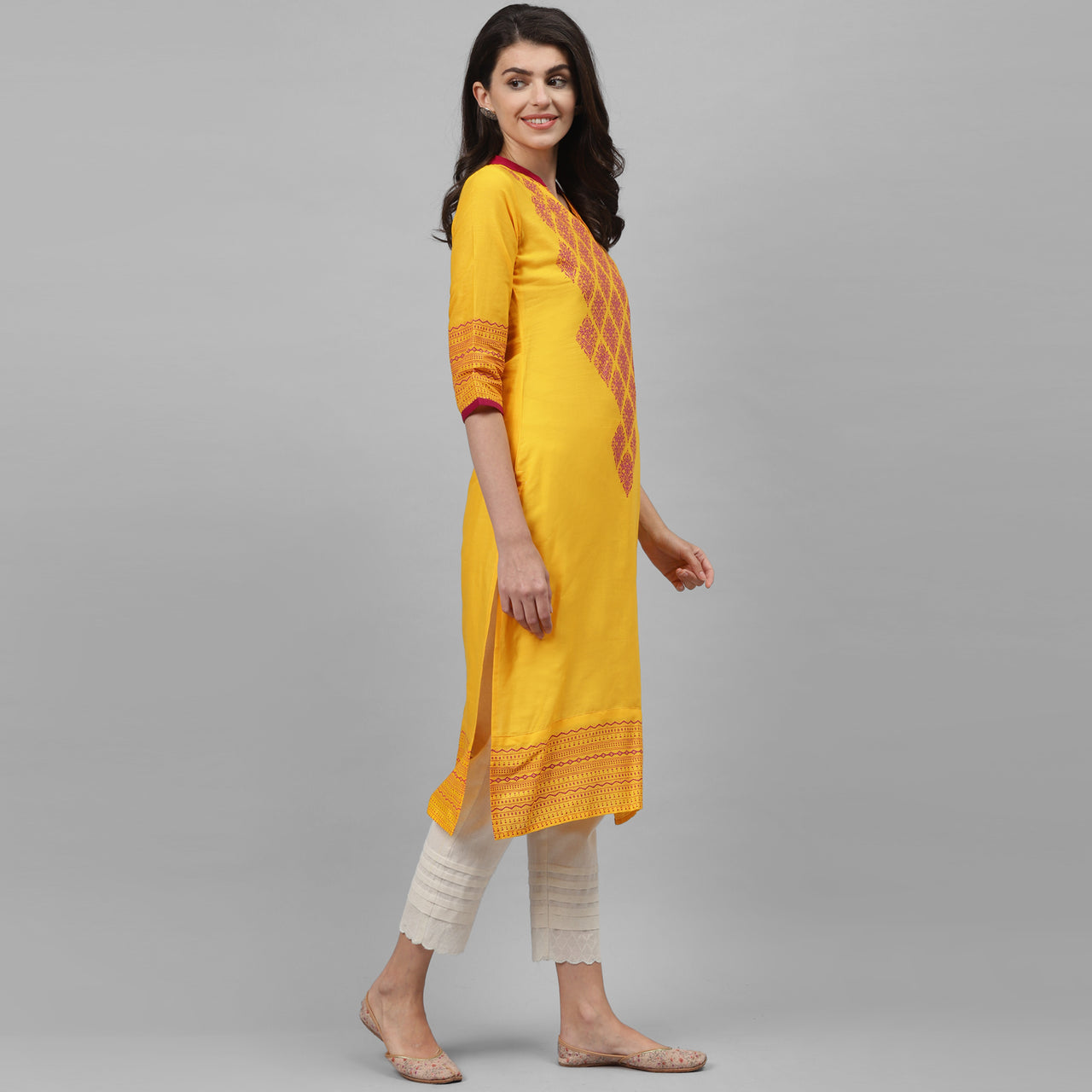 Maai Rayon Hand Printed Kurta Yellow - Distacart
