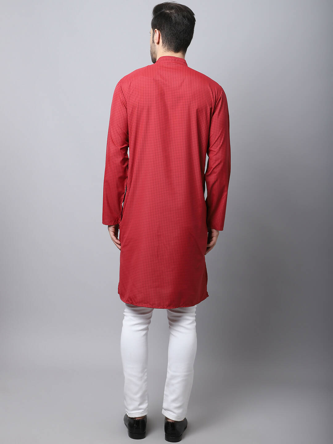 Even Apparels Maroon Cotton Checked Men's Kurta With Band Collar - Distacart