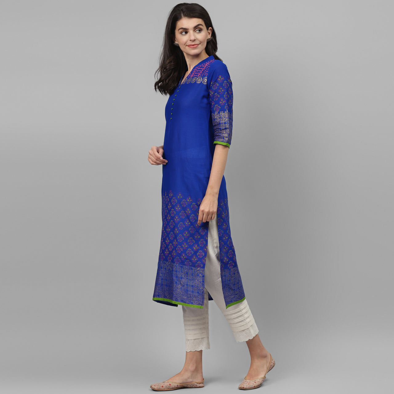 Maai Rayon Hand Printed Kurta Blue - Distacart
