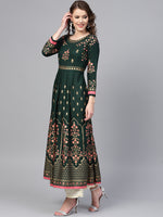 Thumbnail for Ishin Women Green & Golden Printed A-Line Kurta - Distacart