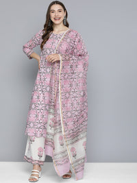 Thumbnail for HERE&NOW Women Floral Printed Regular Pure Cotton Kurta with Palazzos & With Dupatta - Distacart