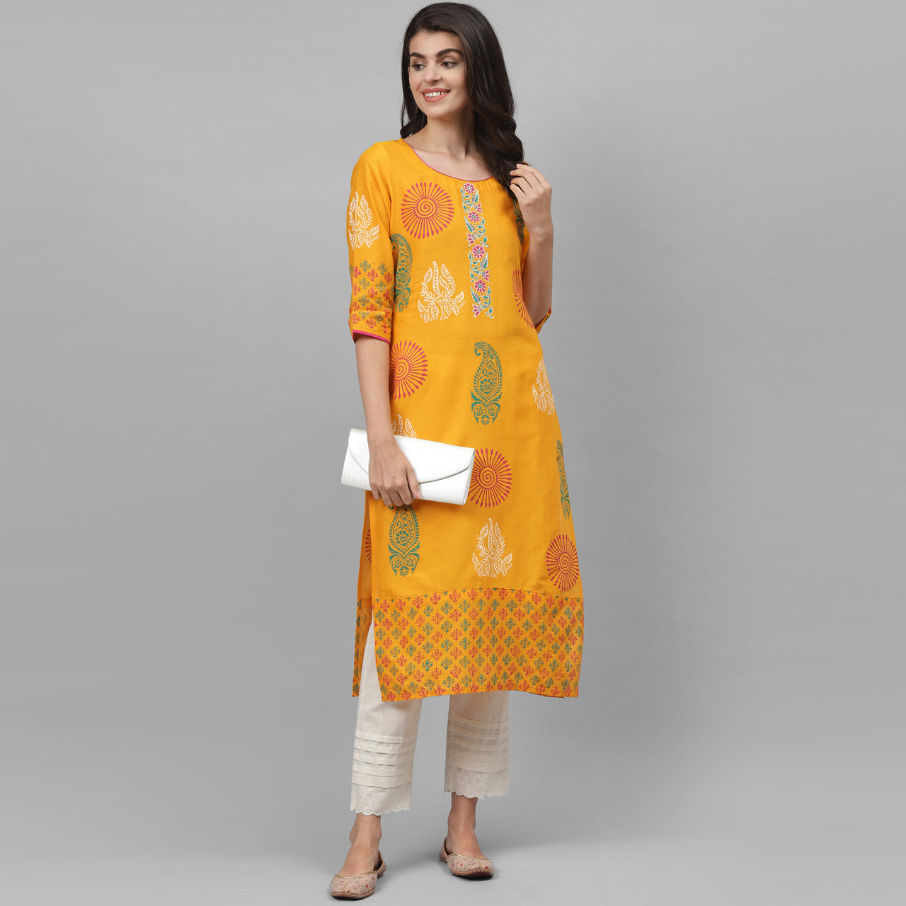Maai Rayon Hand Printed Kurta Yellow - Distacart