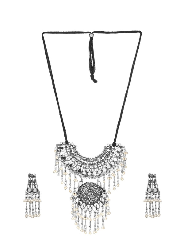 Cardinal Silver-Toned Mirror Studded & Beaded Oxidised Choker Jewellery Set - Distacart