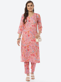 Thumbnail for Biba Women Pink Floral Printed Regular Kurta with Trousers - Distacart