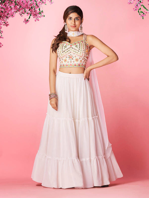 Myra White Georgette Designer Lehenga - Distacart