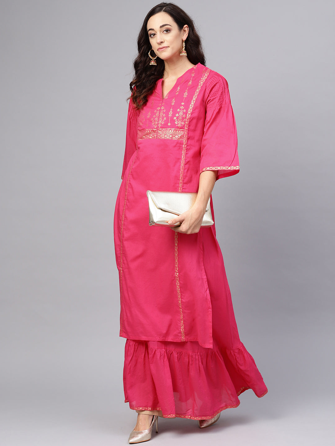 Biba Women Pink & Golden Printed Layered A-Line Kurta - Distacart