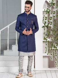 Thumbnail for KISAH Men Mandarin Collar Cotton Kurta Sherwani Set - Distacart