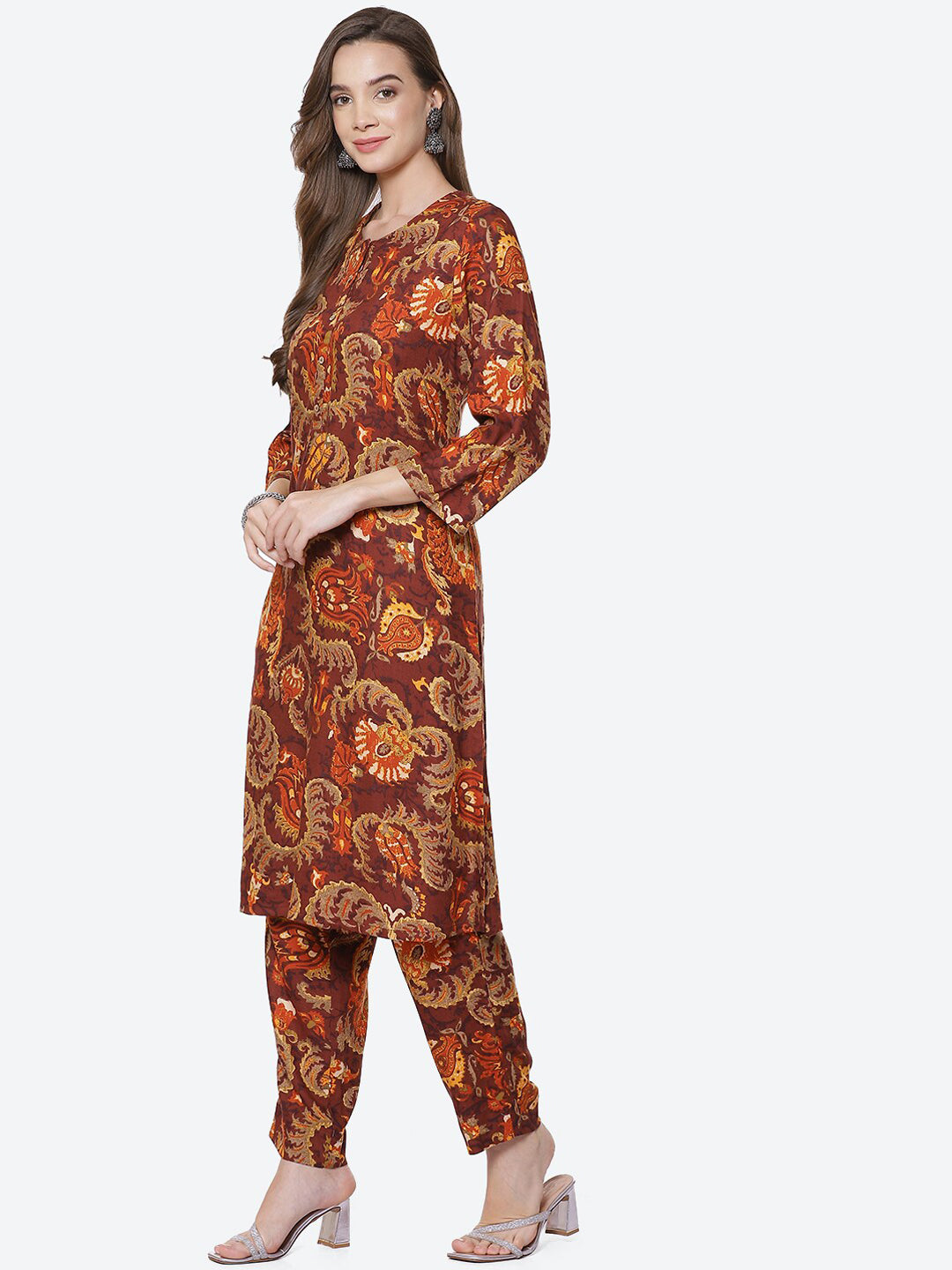 Biba Women Brown Ethnic Motifs Printed Kurta with Trousers - Distacart