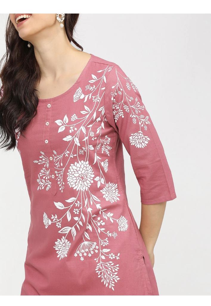Maai Rayon Hand Printed Kurta Pink - Distacart