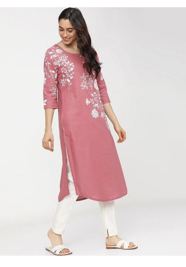 Maai Rayon Hand Printed Kurta Pink - Distacart