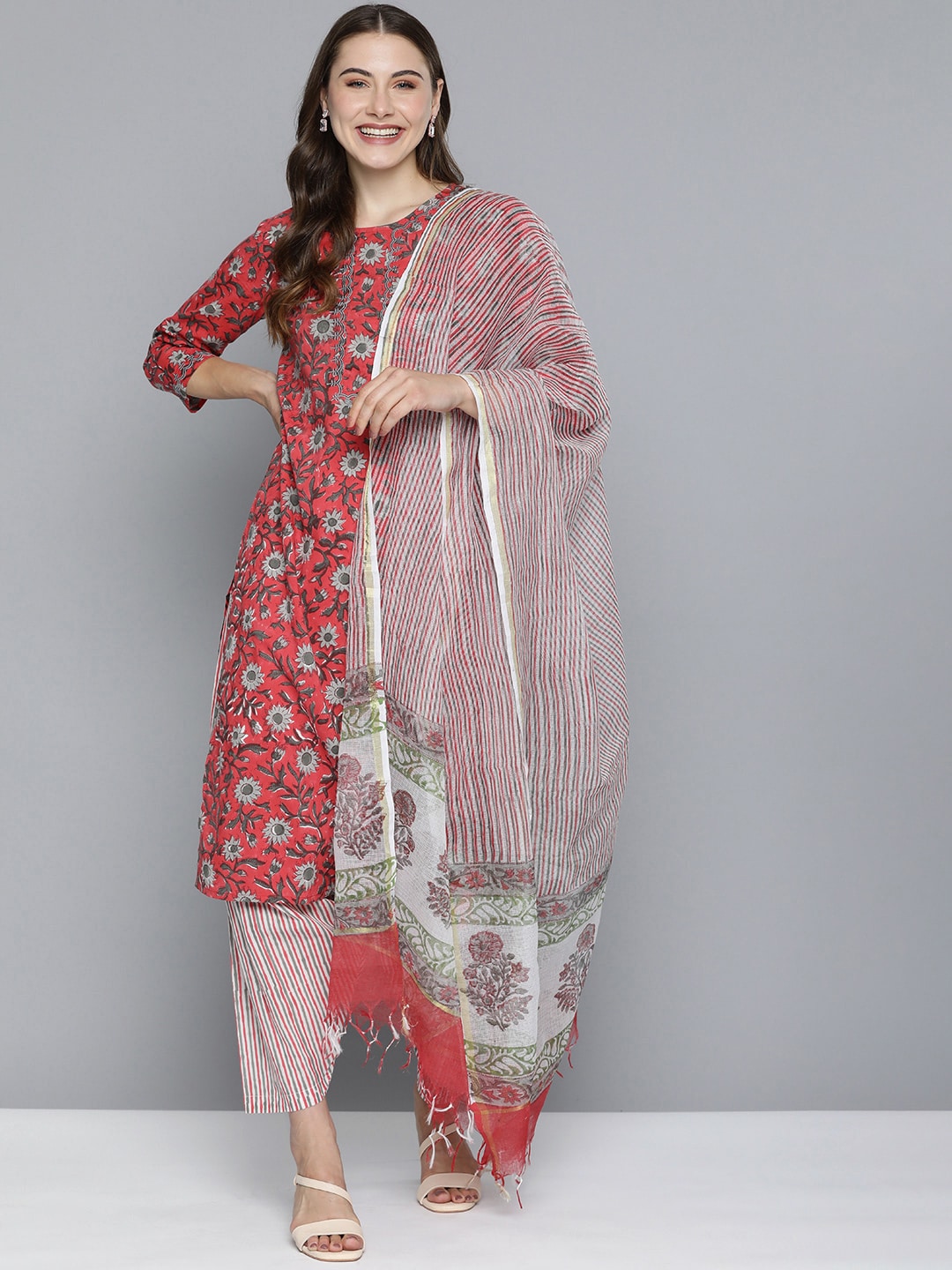 HERE&NOW Floral Printed Regular Pure Cotton Kurta with Salwar & With Dupatta - Distacart