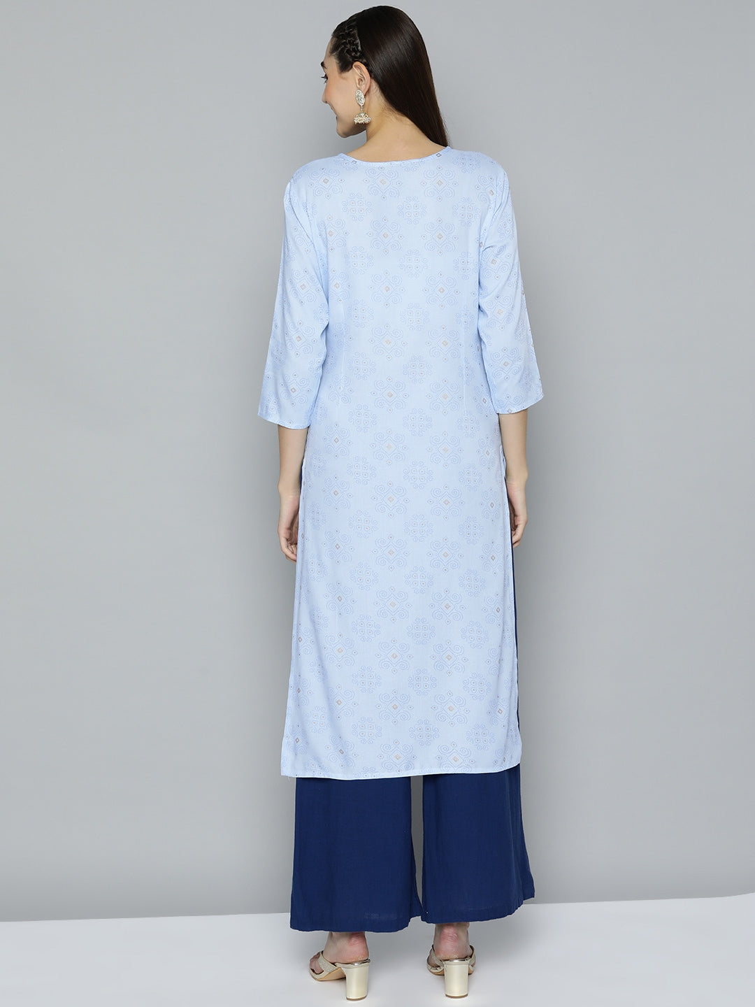 HERE&NOW Women Blue Ethnic Motifs Printed Embroidered Sequin Detail Kurta - Distacart