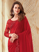 Thumbnail for Mitera Red Striped Embroidered Saree - Distacart