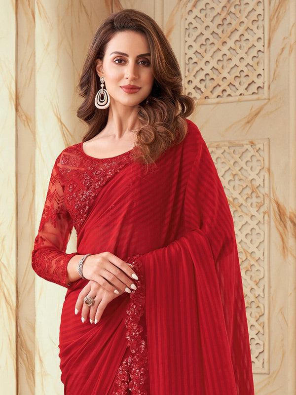 Mitera Red Striped Embroidered Saree - Distacart