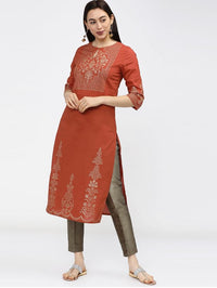 Thumbnail for Maai Rayon Hand Printed Kurta Orange - Distacart