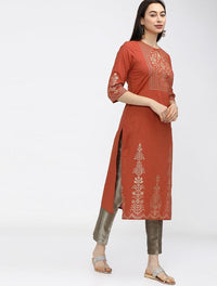 Thumbnail for Maai Rayon Hand Printed Kurta Orange - Distacart