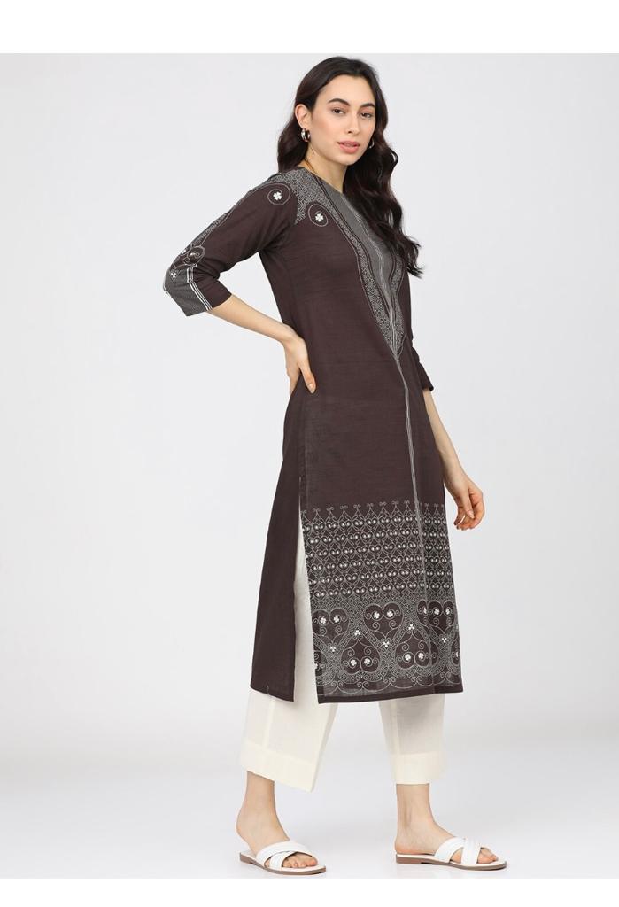 Maai Rayon Hand Printed Kurta Brown - Distacart