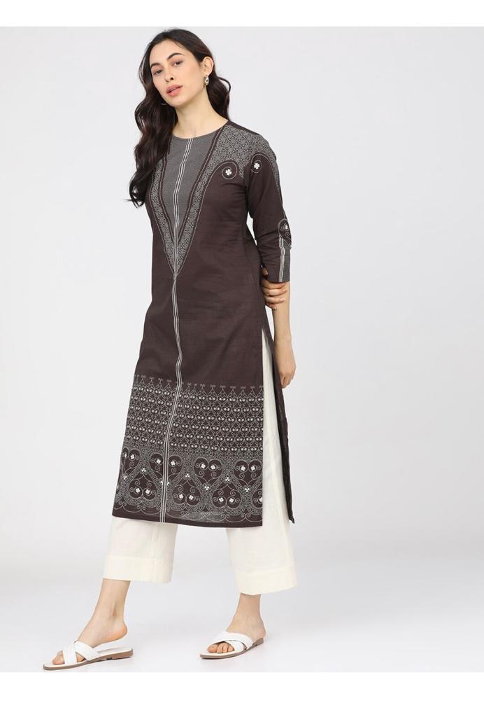 Maai Rayon Hand Printed Kurta Brown - Distacart