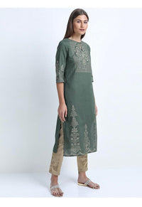 Thumbnail for Maai Rayon Hand Printed Kurta Green - Distacart